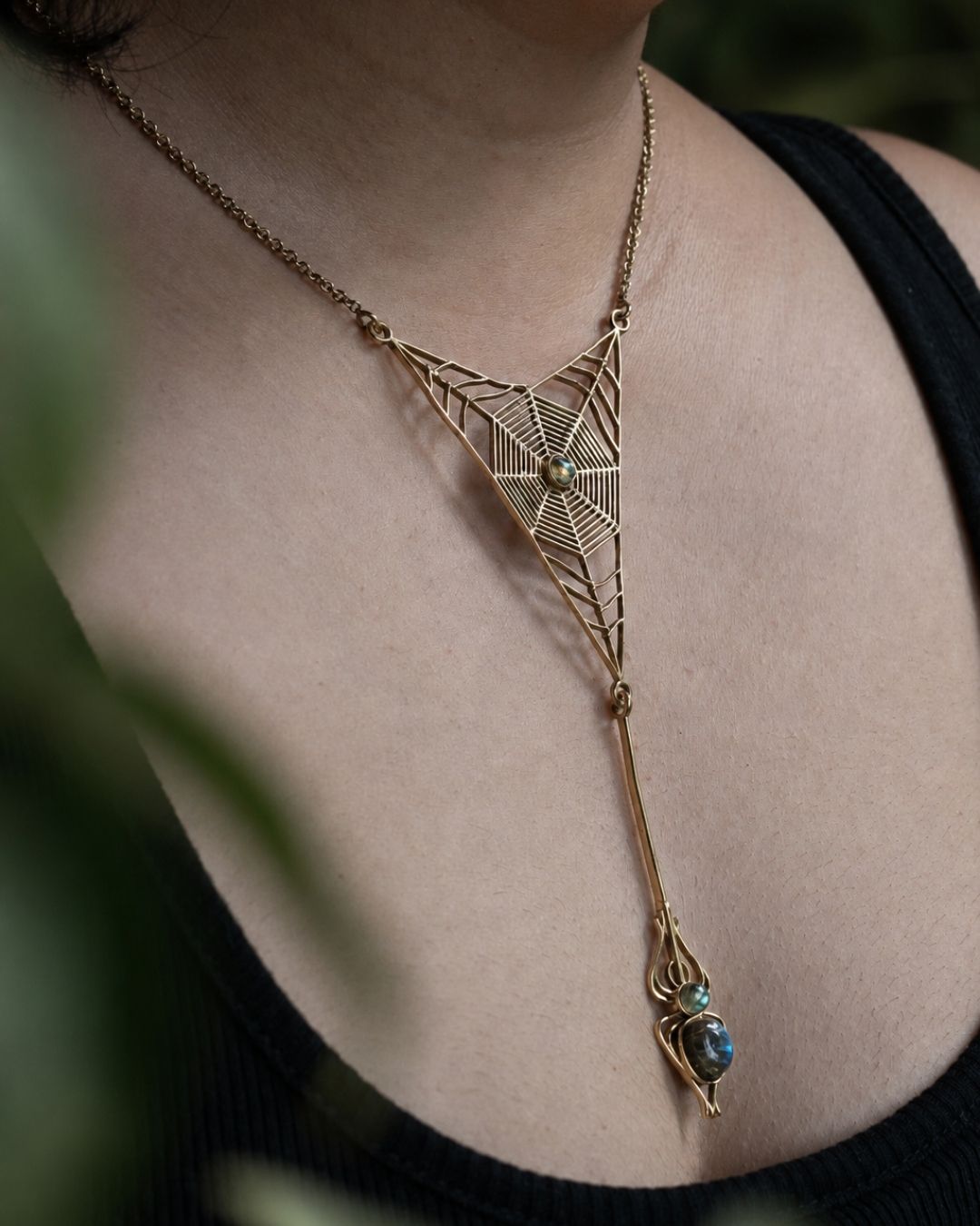 Nightweaver – Spider Web Statement Necklace with Gemstone - JUNUKA