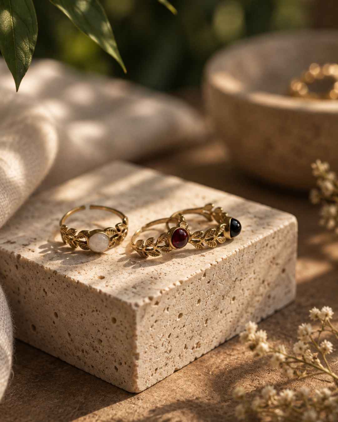 Vinecrest – Ornate Vine Detailed Gemstone Brass Ring