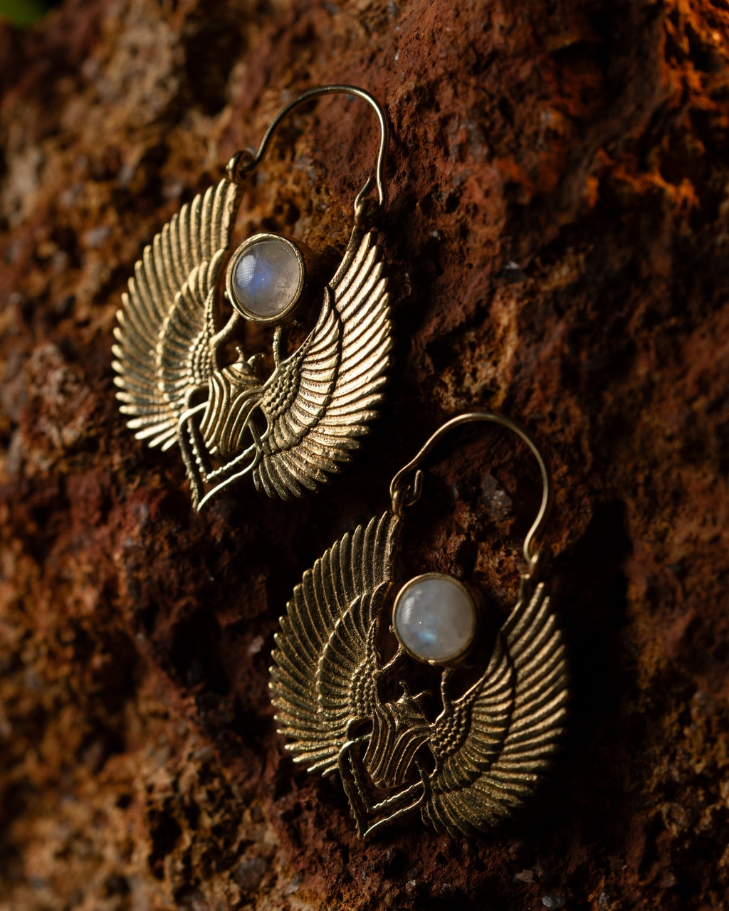 Khepra – Winged Scarab Brass Statement Earrings - JUNUKA