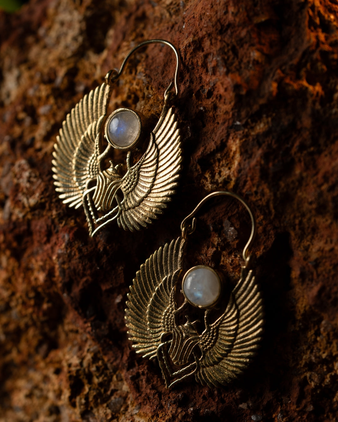 Khepra – Winged Scarab Brass Statement Earrings - JUNUKA