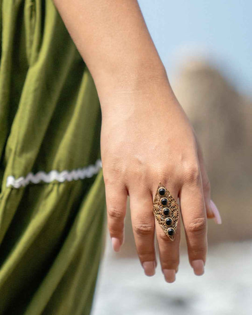 Five Moons – Brass Gemstone Statement Ring - Adjustable size 5-10