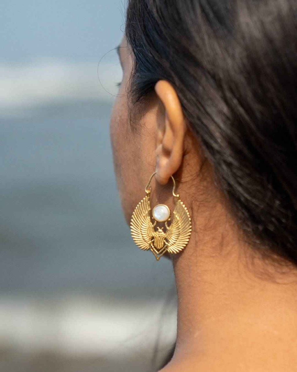Khepra – Winged Scarab Brass Statement Earrings