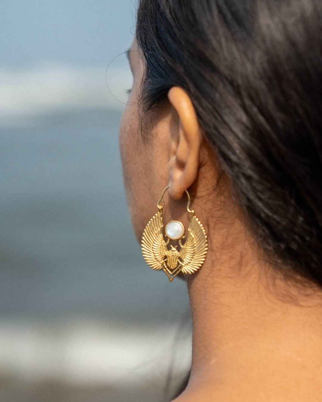 Khepra – Winged Scarab Brass Statement Earrings