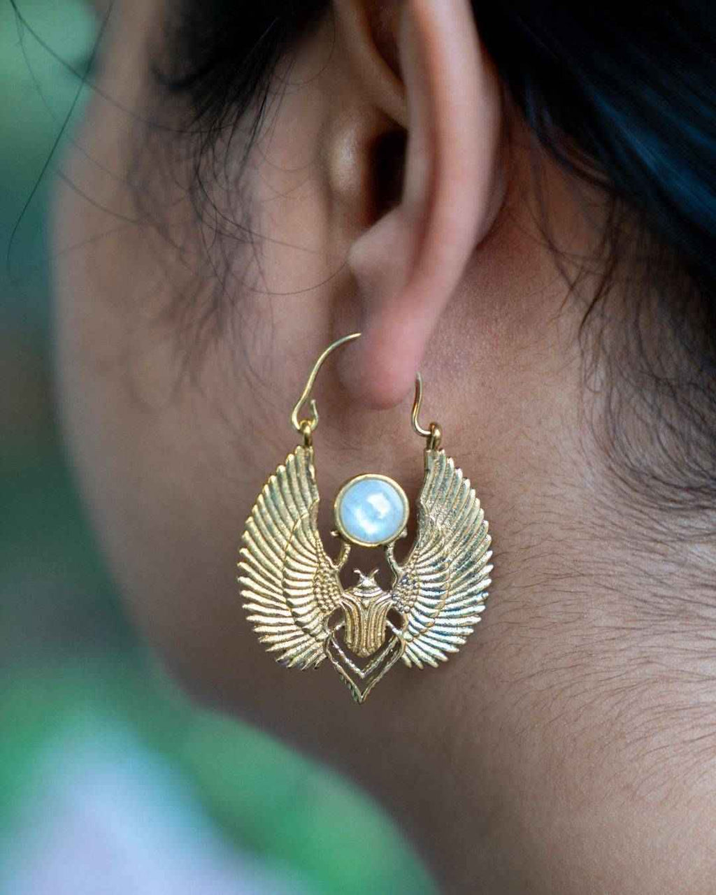 Khepra – Winged Scarab Brass Statement Earrings