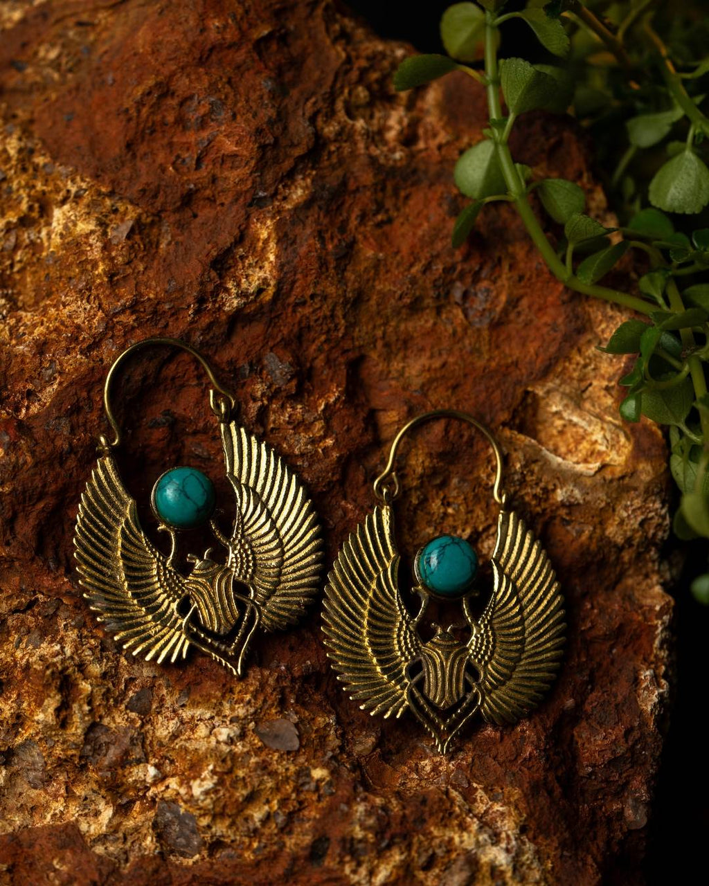 Khepra – Winged Scarab Brass Statement Earrings