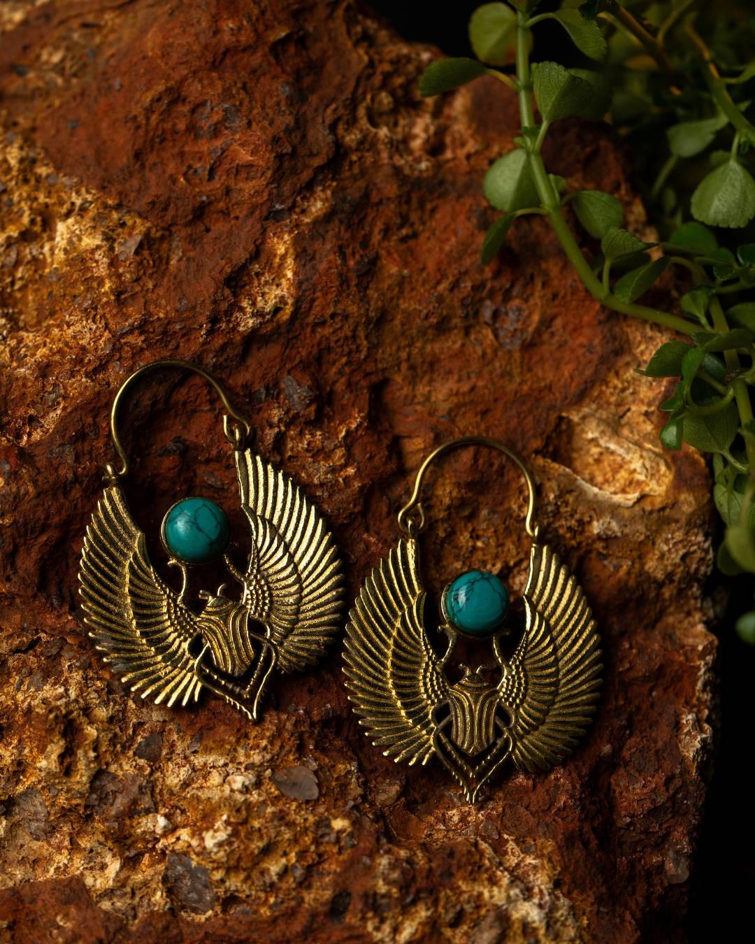 Khepra – Winged Scarab Brass Statement Earrings