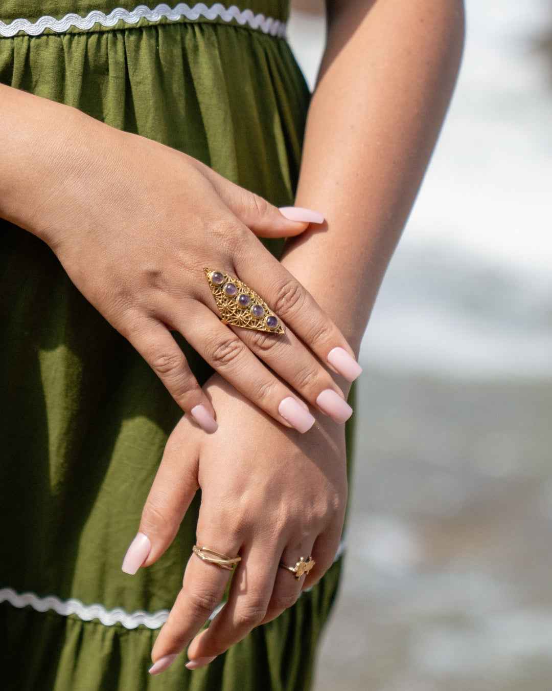 Five Moons – Brass Gemstone Statement Ring - Adjustable size 5-10