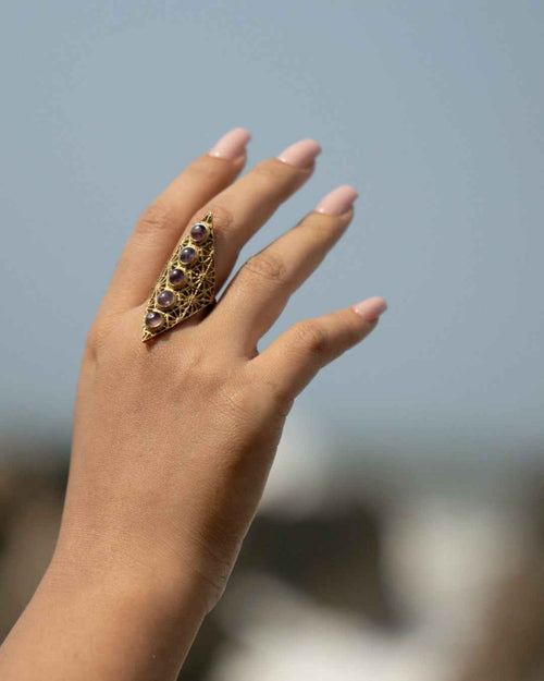 Five Moons – Brass Gemstone Statement Ring - Adjustable size 5-10