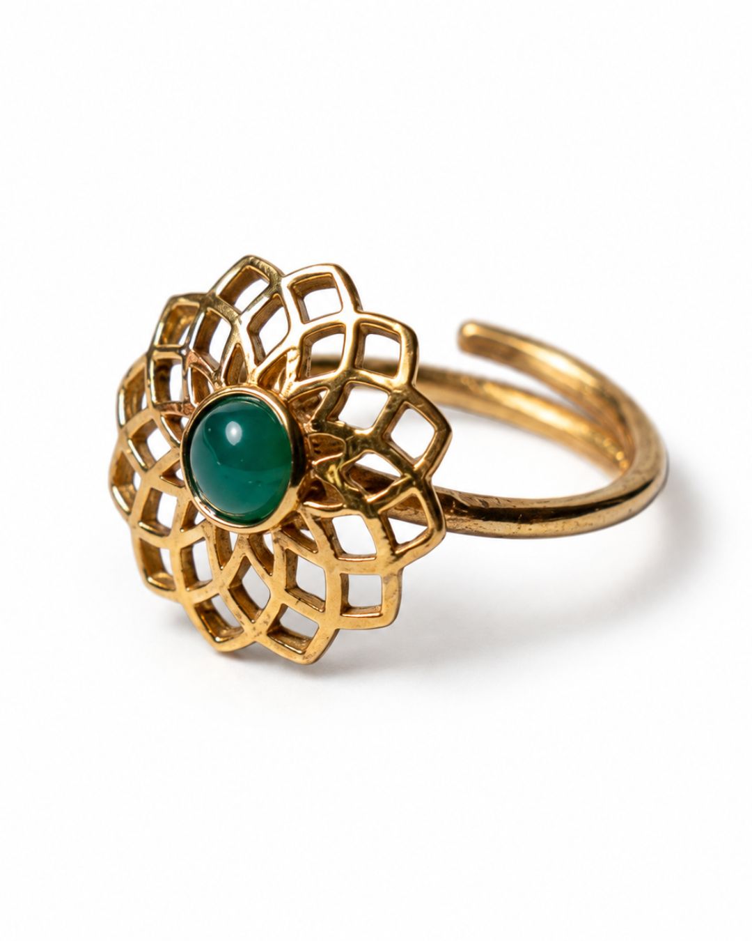 Mandala Bloom – Adjustable Brass Ring with Green Onyx or Labradorite