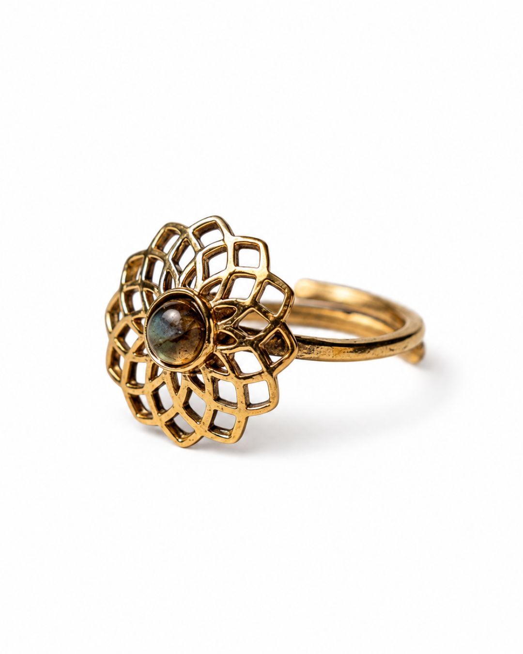 Mandala Bloom – Adjustable Brass Ring with Green Onyx or Labradorite