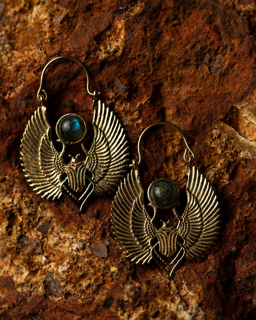 Khepra – Winged Scarab Brass Statement Earrings - JUNUKA