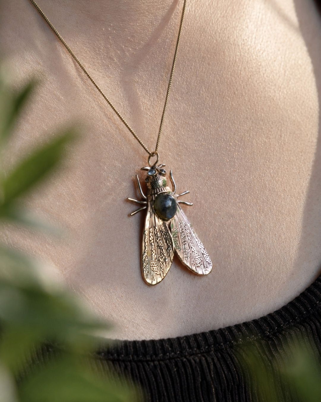 Noctura – Moth Pendant Necklace with Gemstone & Chain - JUNUKA