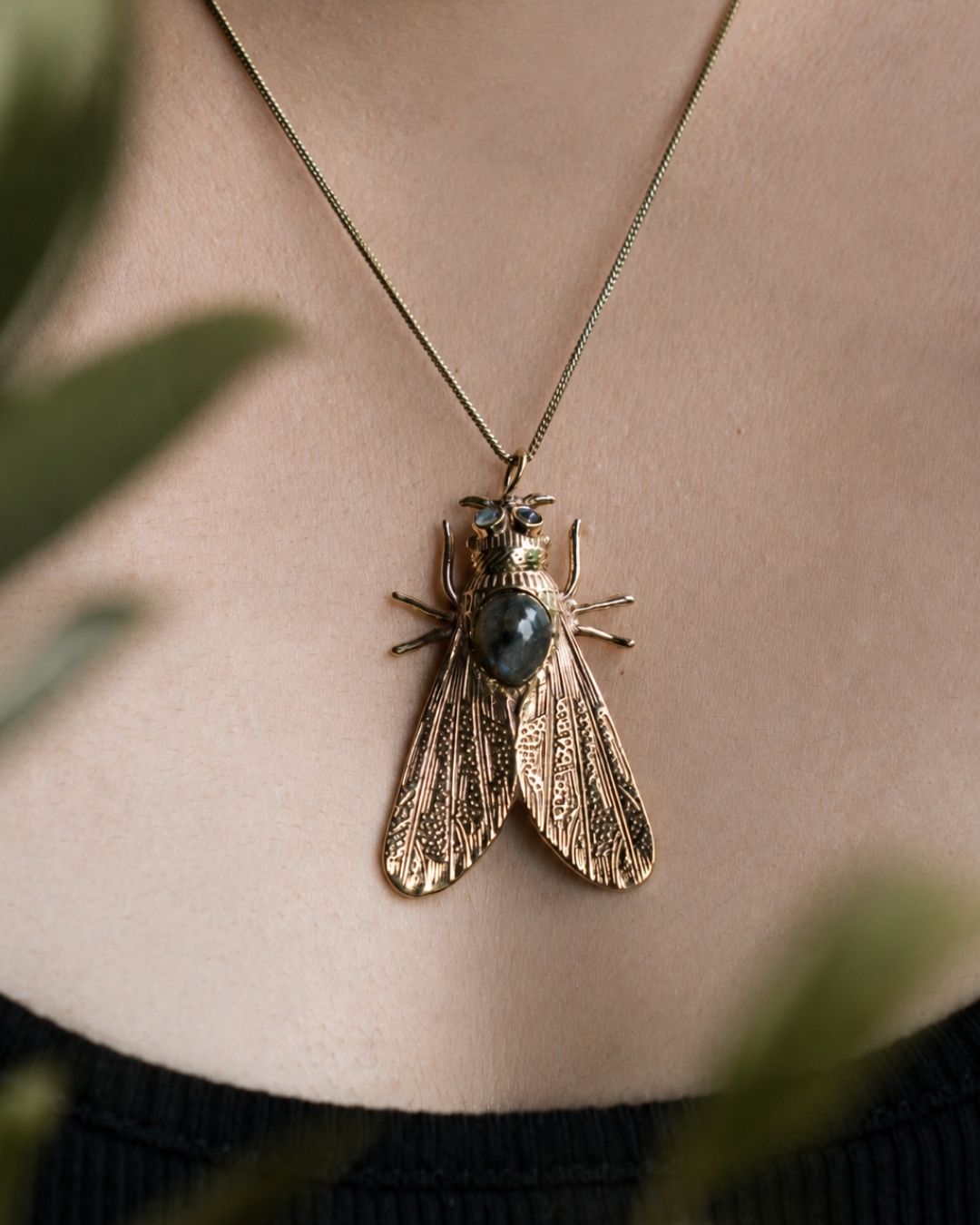 Noctura – Moth Pendant Necklace with Gemstone & Chain - JUNUKA