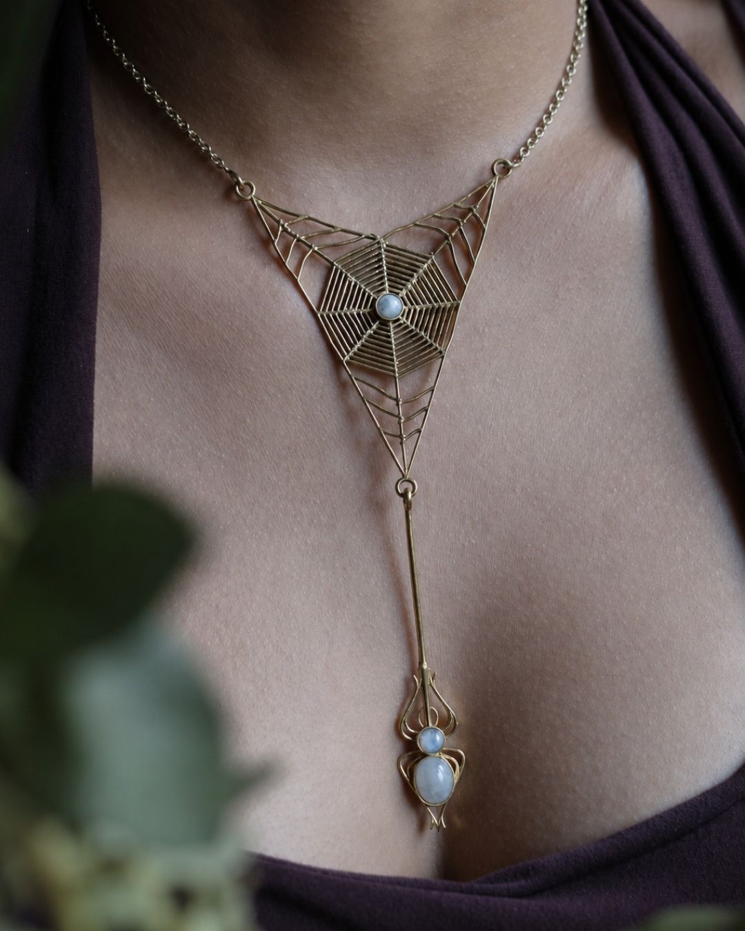 Nightweaver – Spider Web Statement Necklace with Gemstone - JUNUKA