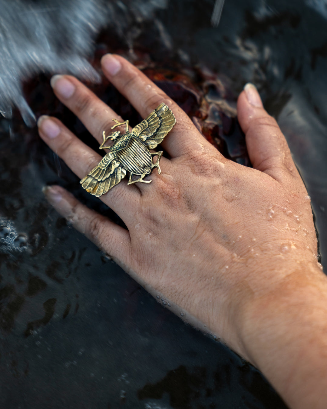 Scarabé – Oversized Winged Scarab Brass Statement Ring - JUNUKA