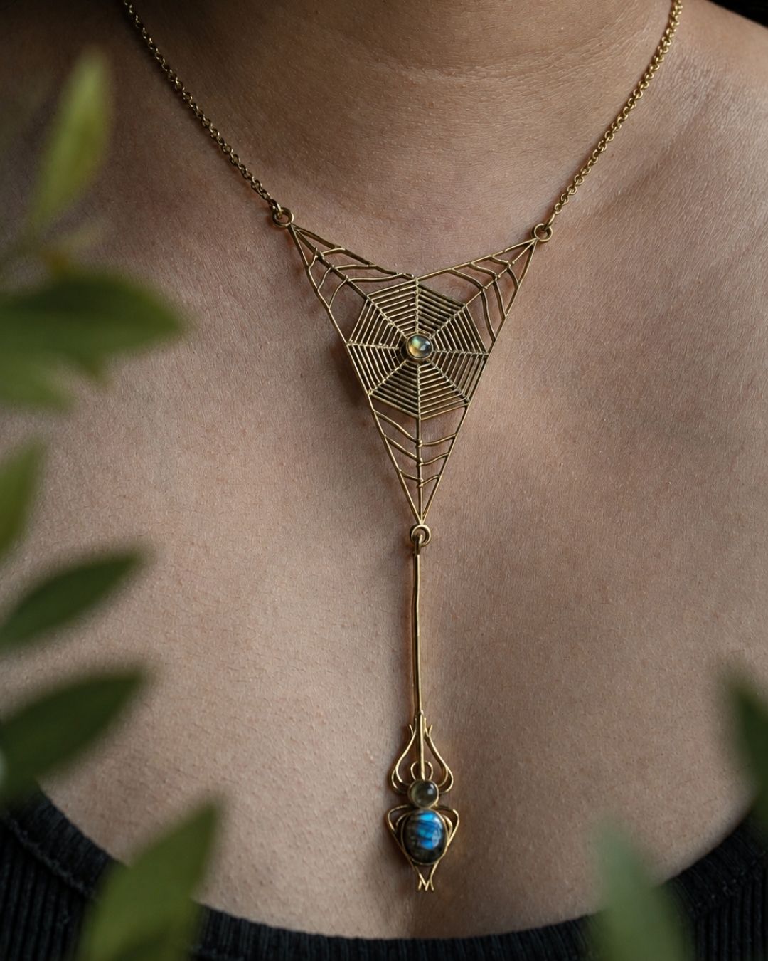 Nightweaver – Spider Web Statement Necklace with Gemstone - JUNUKA