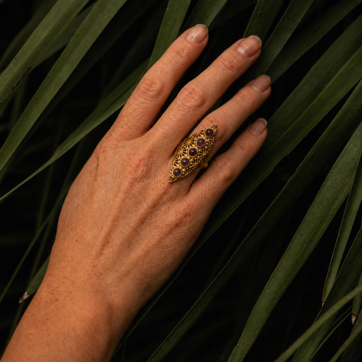 Five Moons – Brass Gemstone Statement Ring - JUNUKA