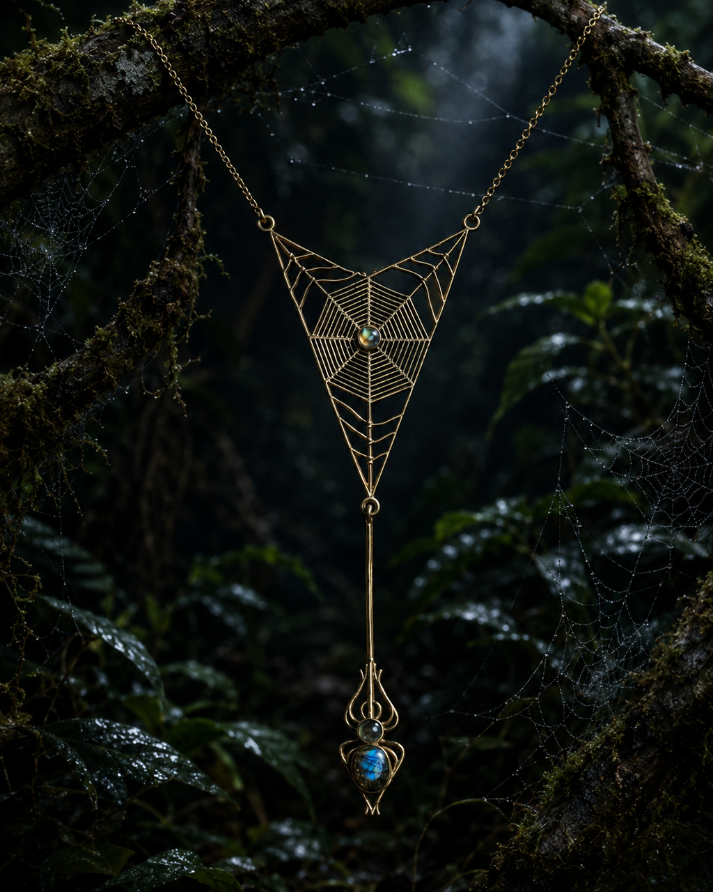 A gold-toned brass spiderweb pendant necklace hangs from mossy tree branches in a dark, misty forest. The necklace features a large triangular web design with a small blue-green stone at the center and a dangling spider motif ending in a blue-green stone.
